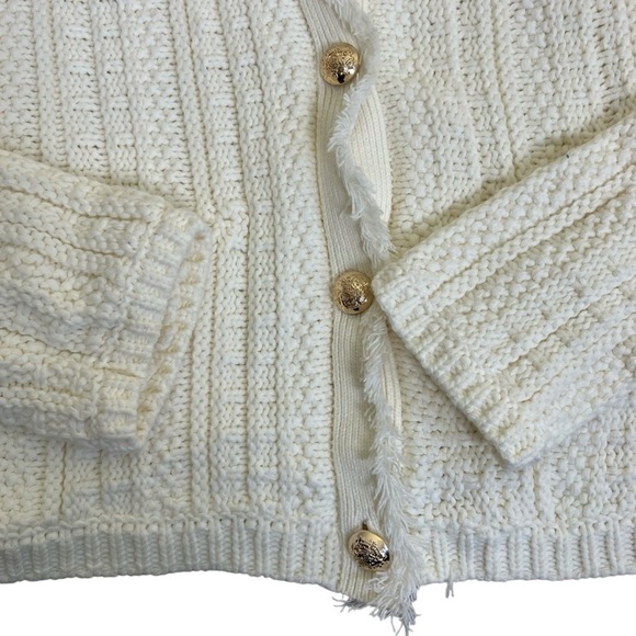 Tahari Button Up Fringe Cable Knit Cardigan Sweater Blazer Ivory Luxury Elegant - Picture 14 of 16